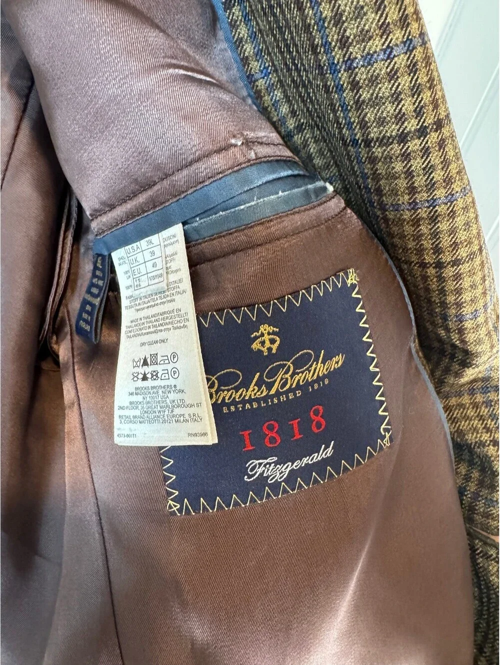 Brooks Brothers Fitzgerald 1818 Men's 39L Checked 100% Wool Sport Coat Blazer